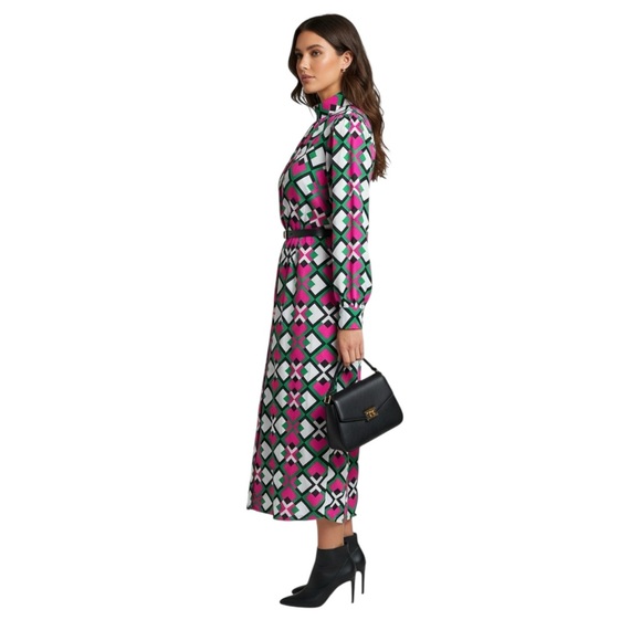 Bold Retro Geometric Print Midi Shirt Dress w/ Belt – Pink Green White  S M L - Picture 3 of 8